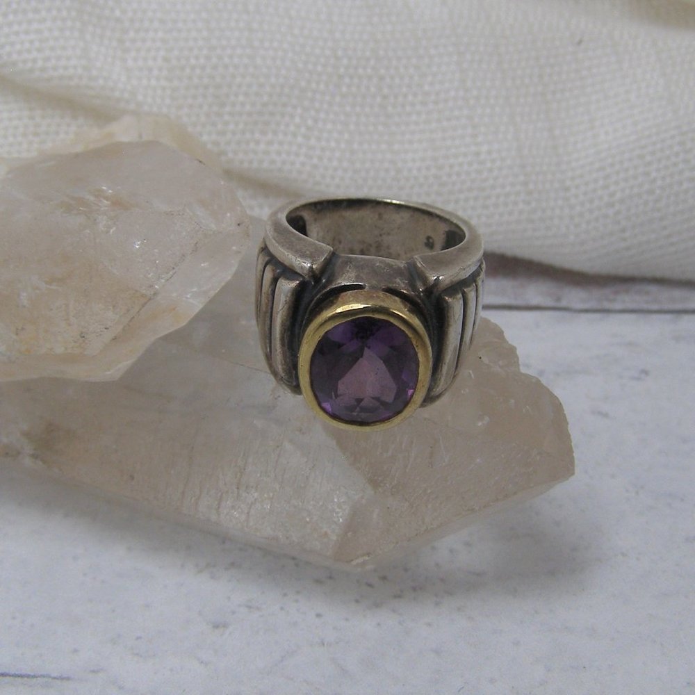 Sterling Silver 14K Gold Lagos Caviar Amethyst Bold Statement Ring 5.5